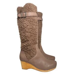 Kelsi Dagger Jagger Taupe Knee High Clog Wood Heel Wedge Round Toe Leather Boot
